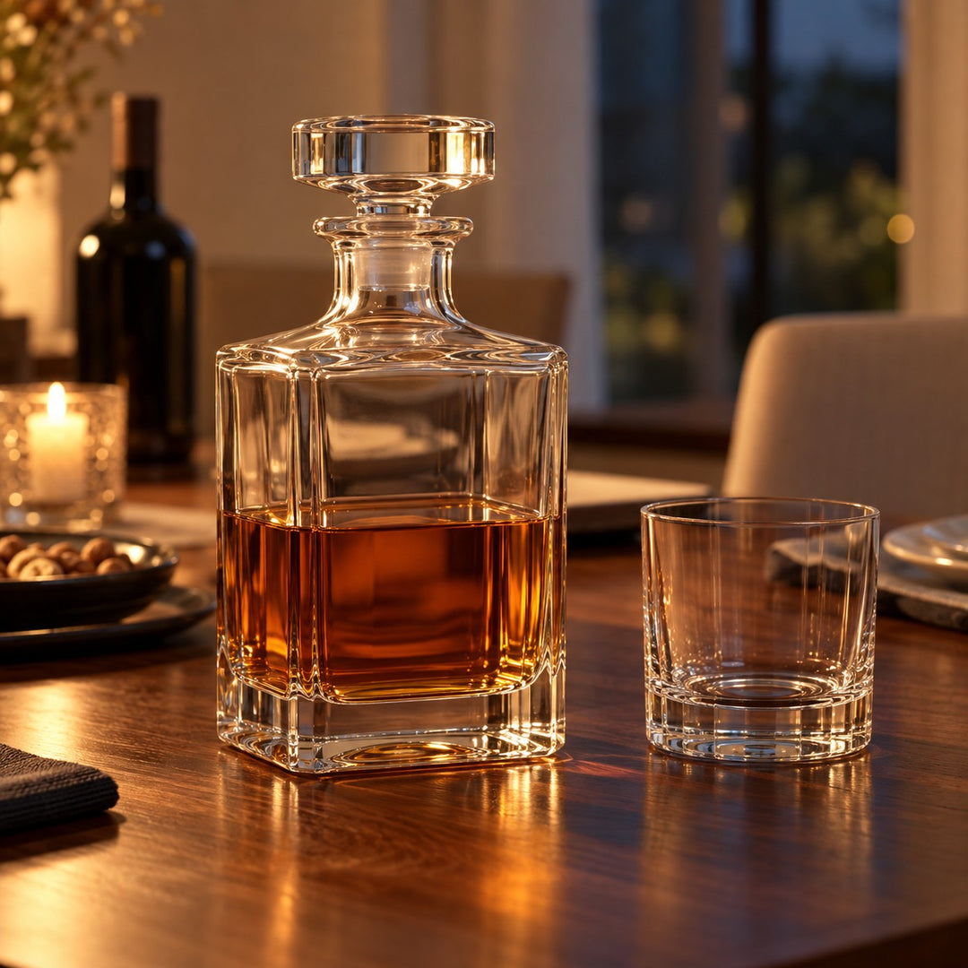 A smooth square glass decanter serves amber whiskey on an evening dining table beside a tumbler.