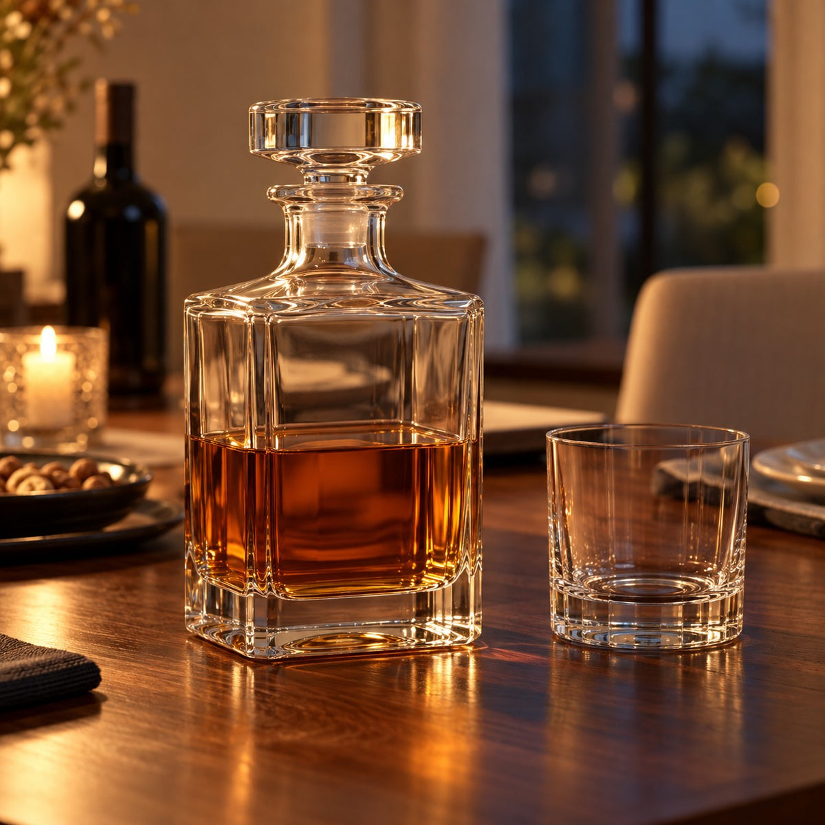 A smooth square glass decanter serves amber whiskey on an evening dining table beside a tumbler.