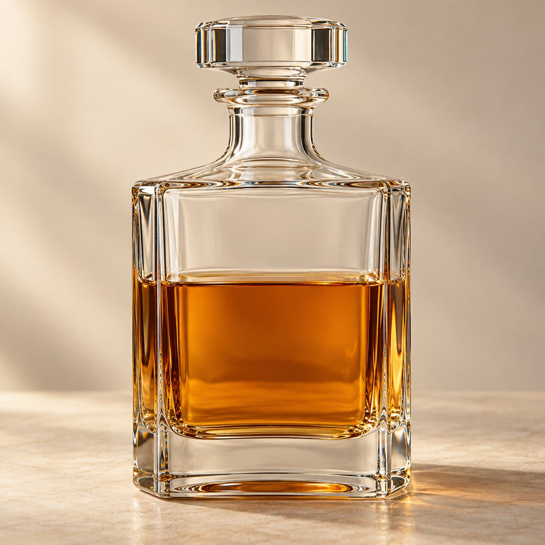 A clear square glass decanter with a broad stopper and heavy base stands in a warm studio setting.