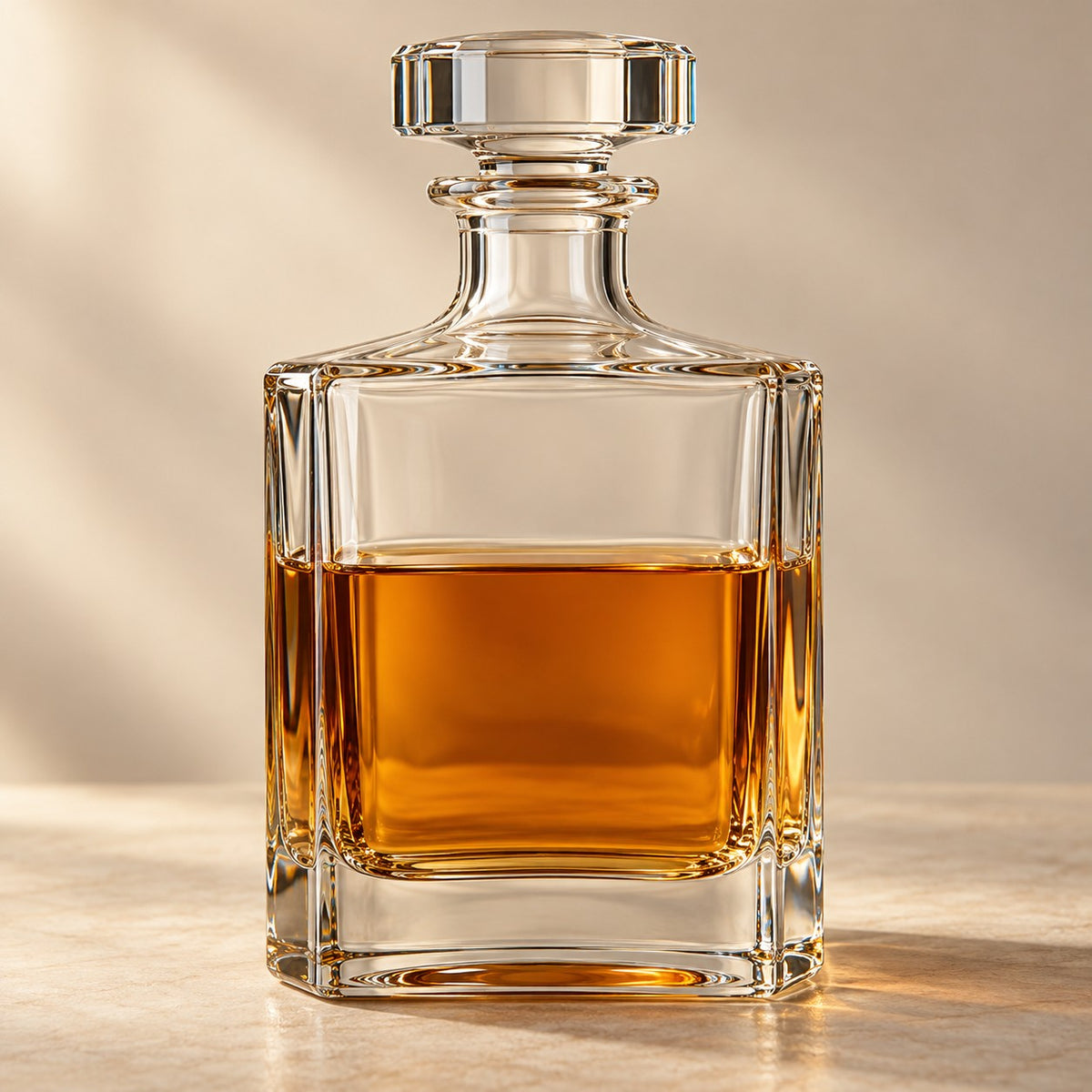 A clear square glass decanter with a broad stopper and heavy base stands in a warm studio setting.