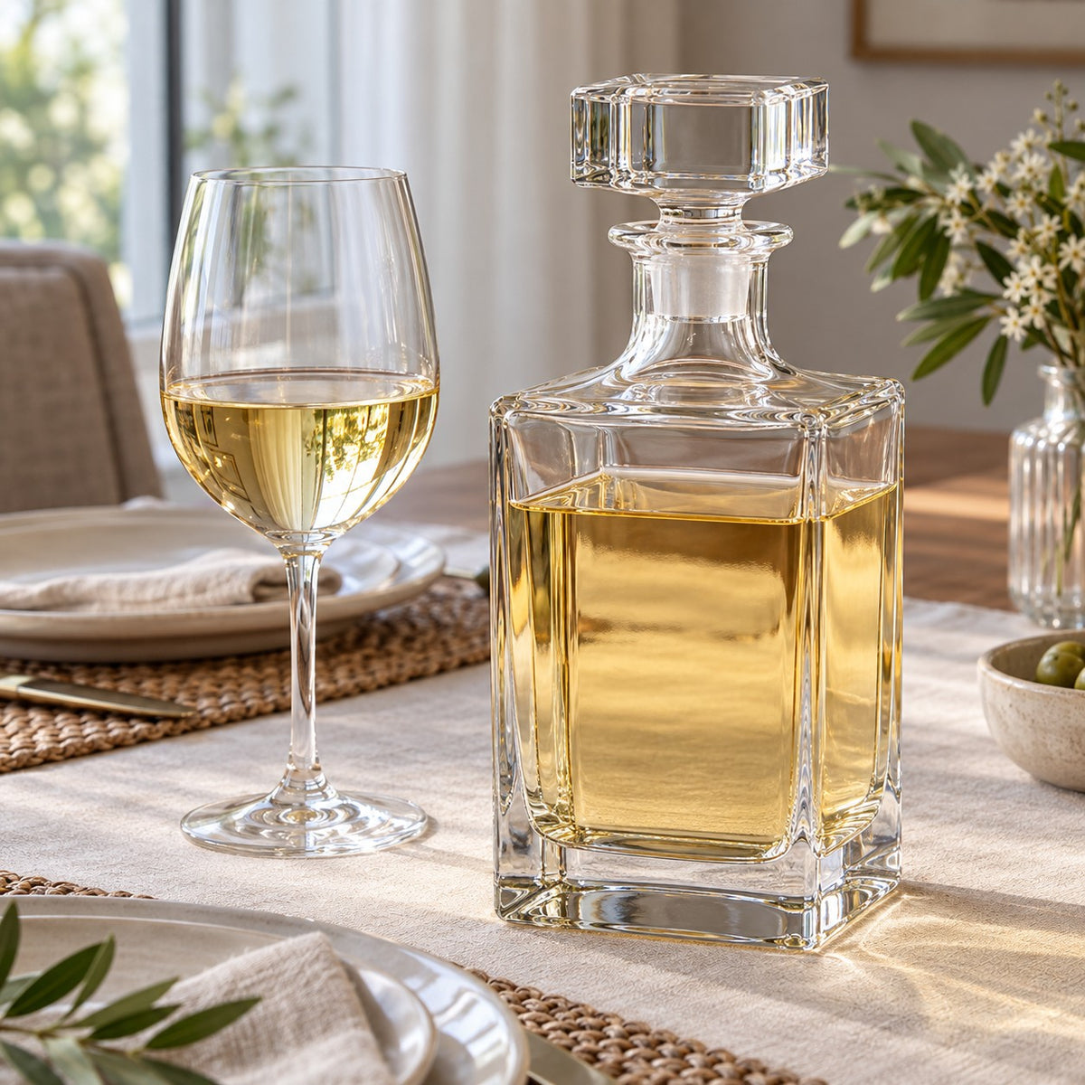 A square glass decanter filled with white wine serves beside a glass at a softly lit dinner table.