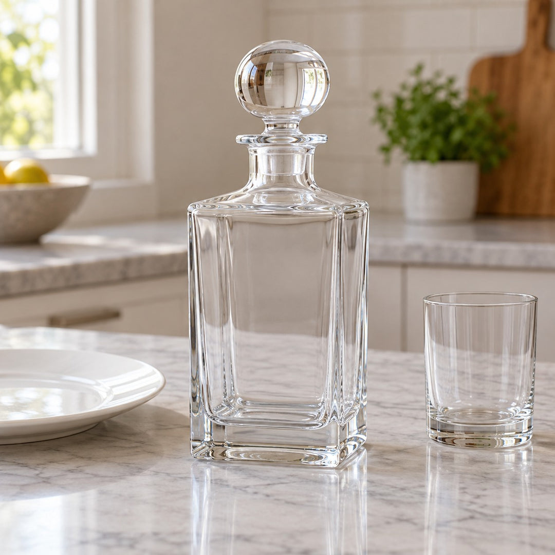 An empty square glass decanter stands beside a dinner plate and tumbler on a kitchen counter.