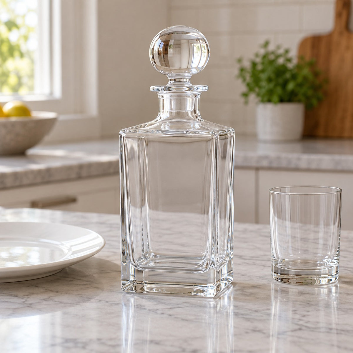 An empty square glass decanter stands beside a dinner plate and tumbler on a kitchen counter.