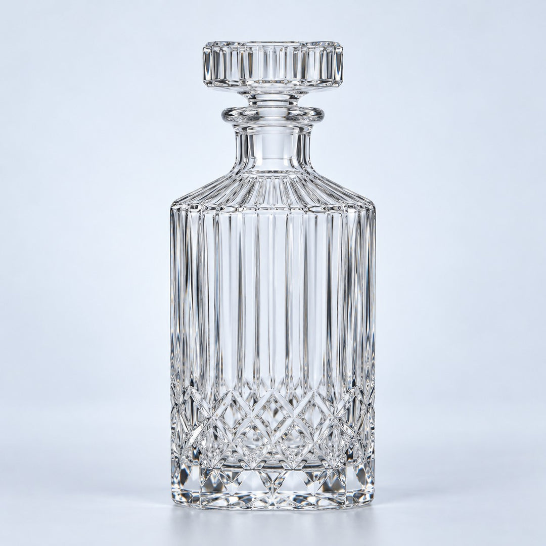 The clear fluted diamond glass decanter with its matching stopper stands against a pale blue backdrop.