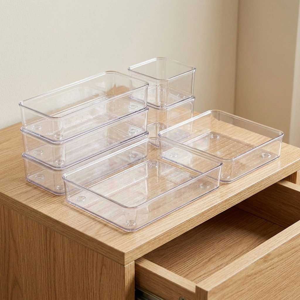 A set of clear plastic rectangular organizer bins arranged on a light wood drawer shelf in a beige room.