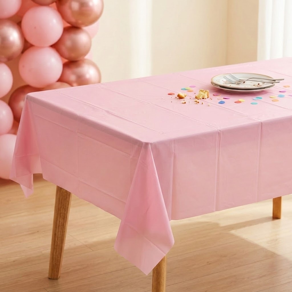 A pink plastic tablecloth draped over a wooden table in a brightly lit room, with a plate and crumbs on top and a pink balloon garland visible in the background.