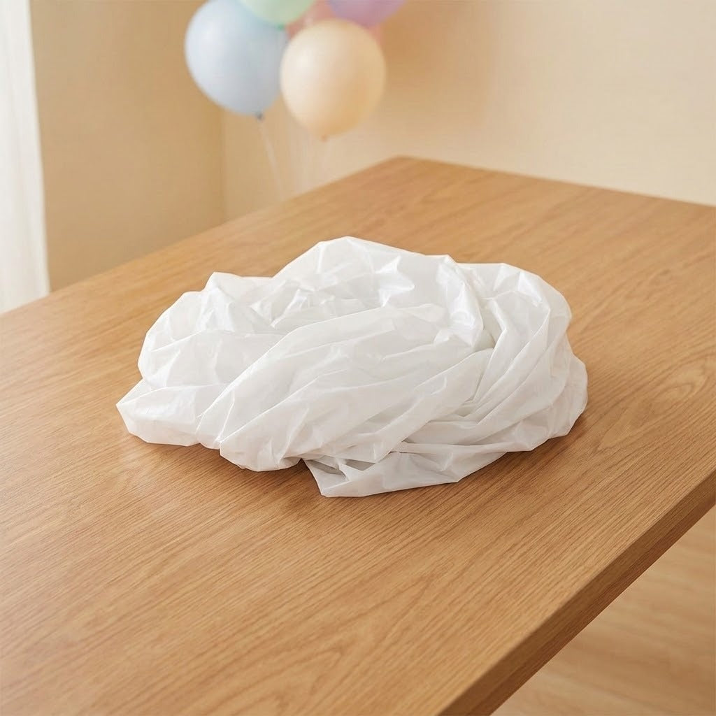 A white plastic tablecloth lies loosely gathered on a wooden table with pastel balloons in the background.
