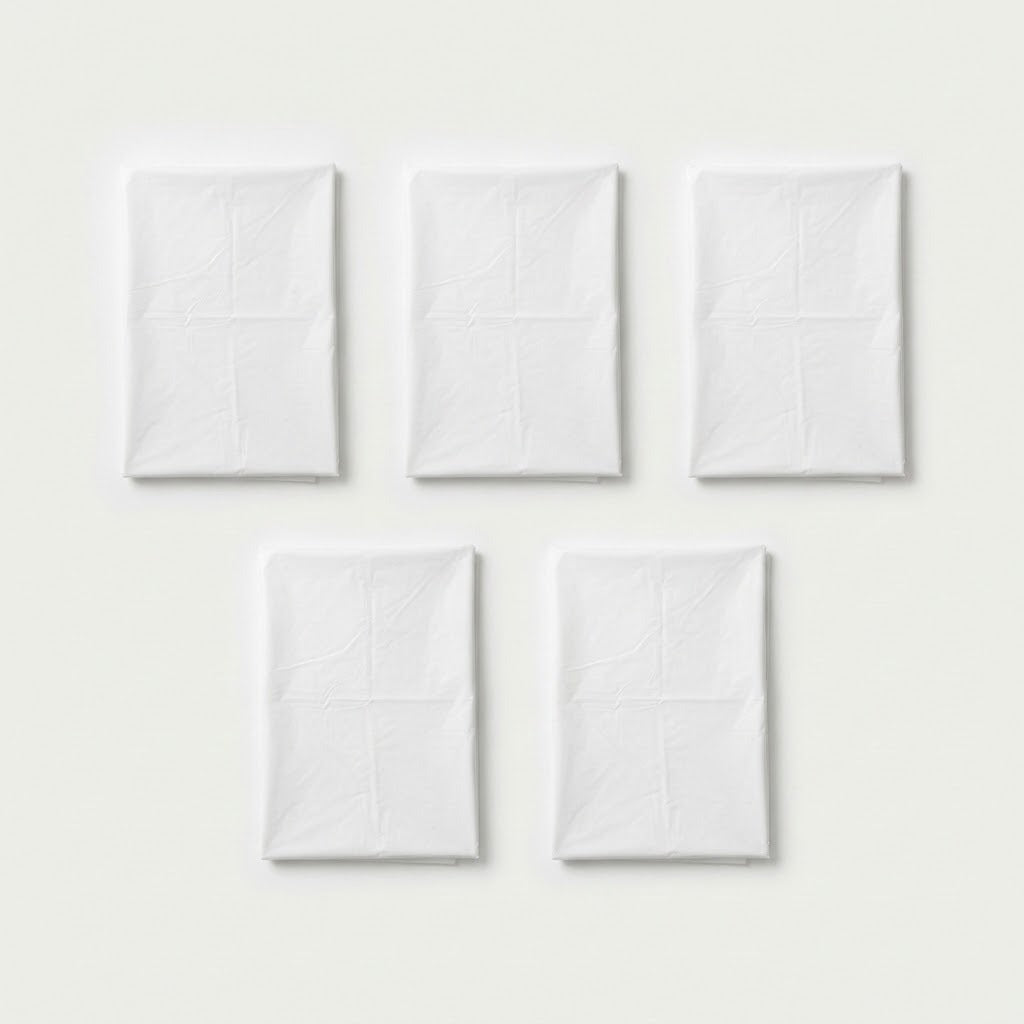 Five folded white plastic tablecloths are arranged in two rows on a light background.
