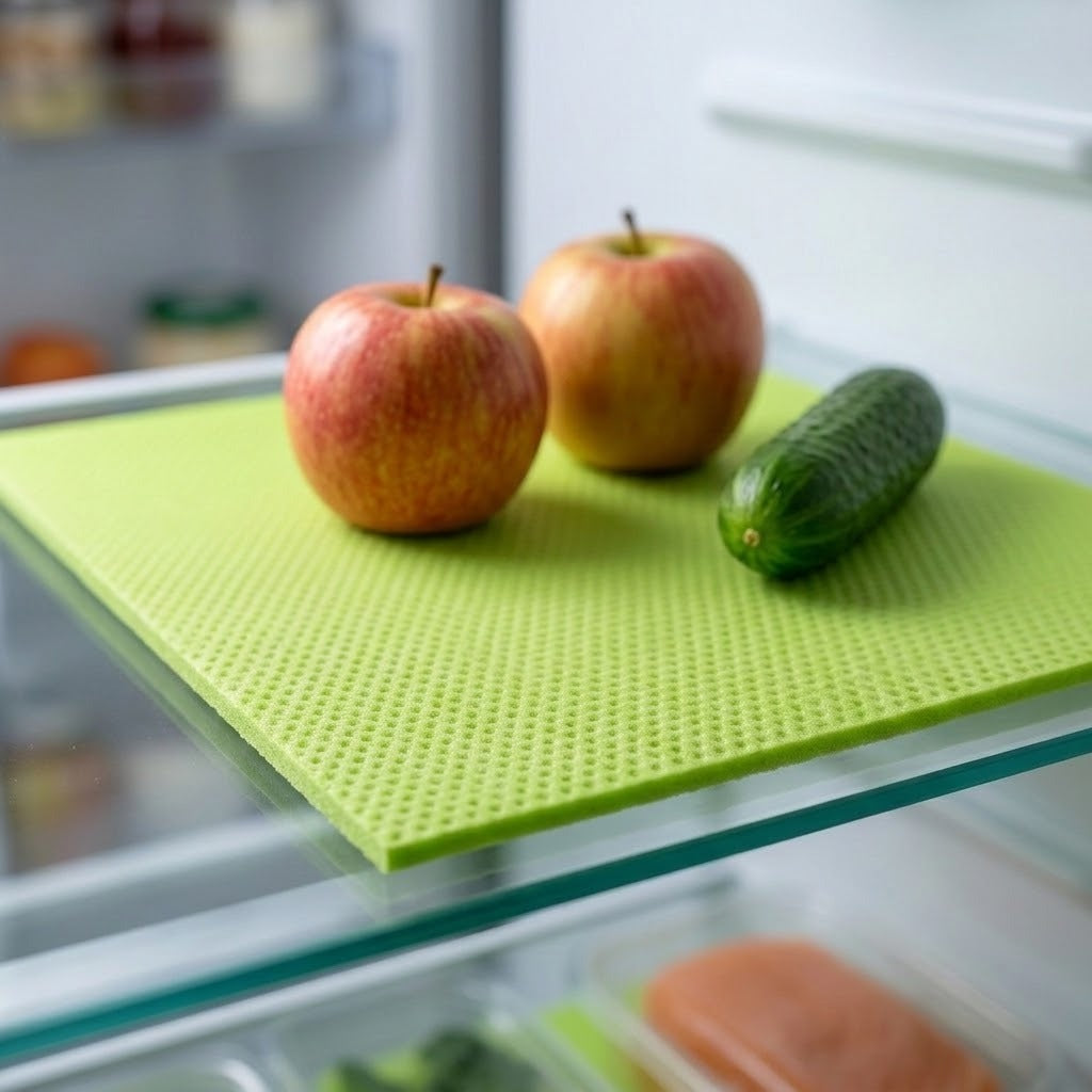 A bright green textured silicone refrigerator mat on a glass shelf, with two red apples and a cucumber placed on top in a real fridge environment.