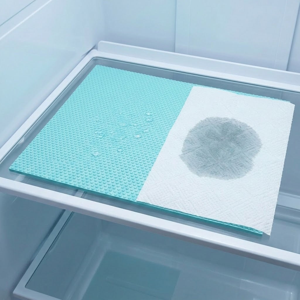 A rectangular dual-sided refrigerator moisture control mat shown inside a freezer shelf. The left side is a textured light aqua blue non-stick surface with water droplets, and the right side is a white paper towel showing a dark gray absorbed stain.