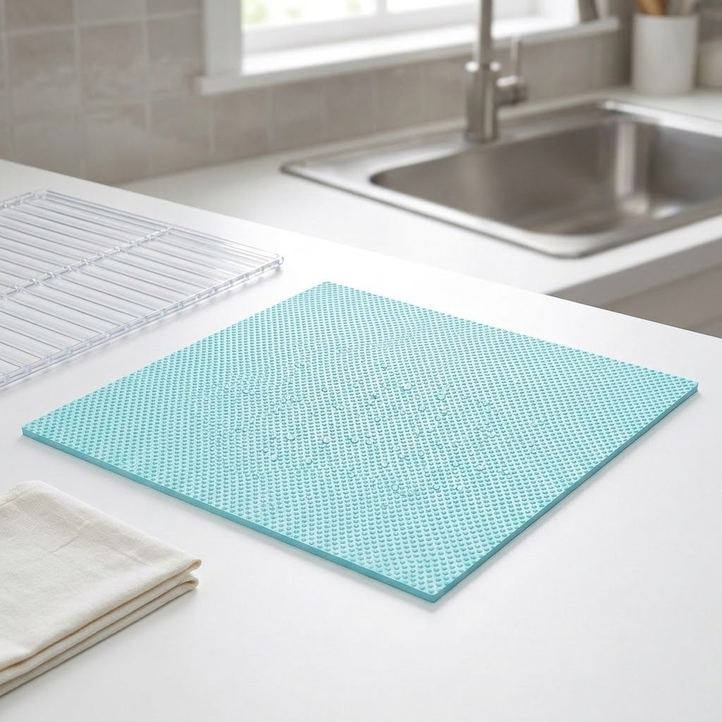 A square light blue silicone cutting board with a raised textured pattern sits on a white kitchen countertop near a sink. A clear plastic drying rack and folded beige towels are also visible in the scene.