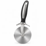 The complete stainless steel pizza cutter wheel with black and silver handle on white.
