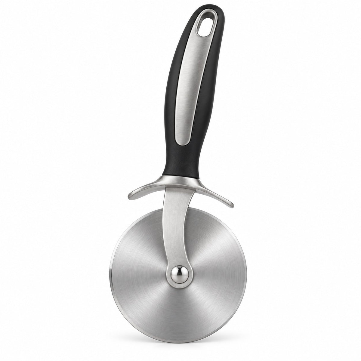 The complete stainless steel pizza cutter wheel with black and silver handle on white.
