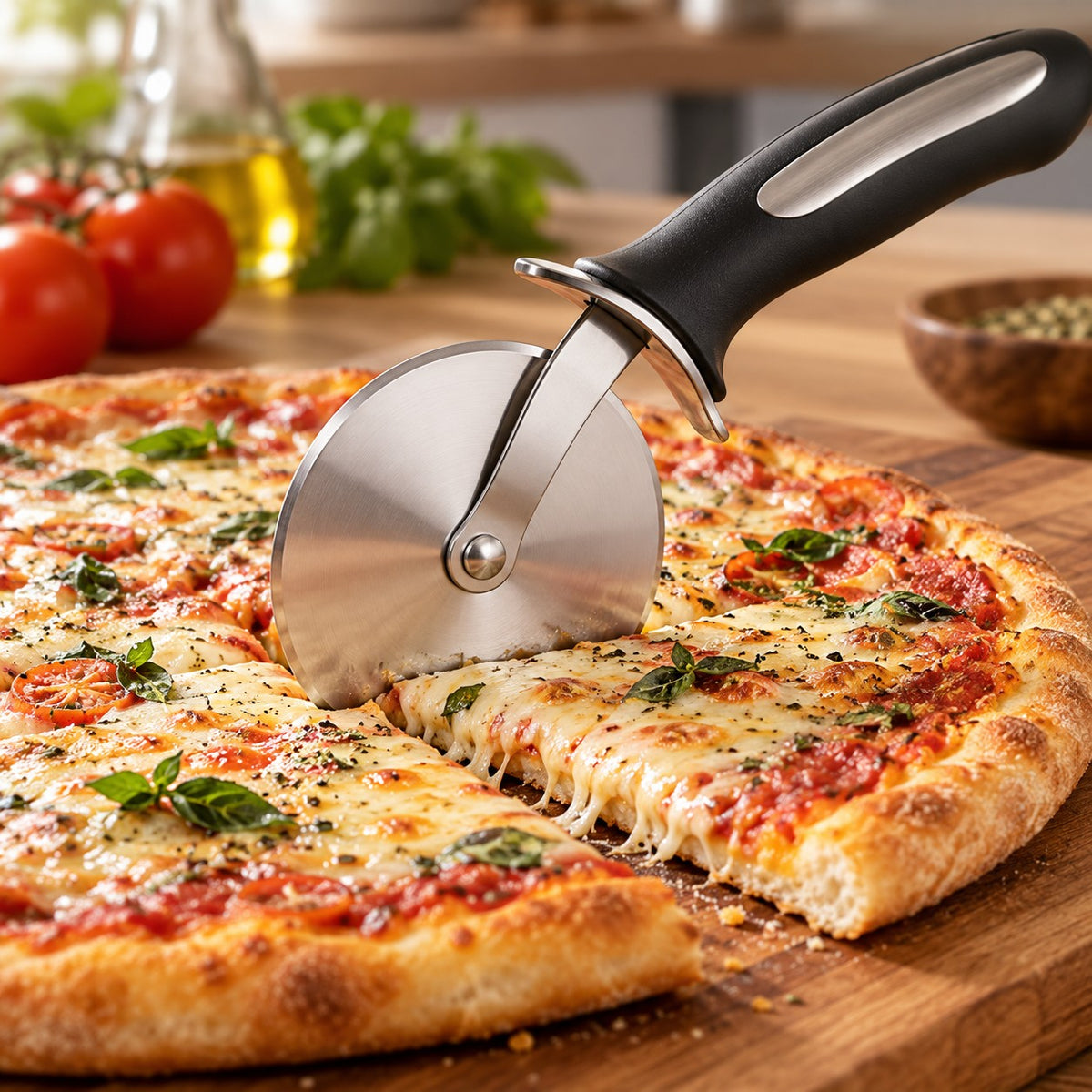 Stainless steel pizza cutter wheel rolls through a cheesy pizza to separate a serving slice.
