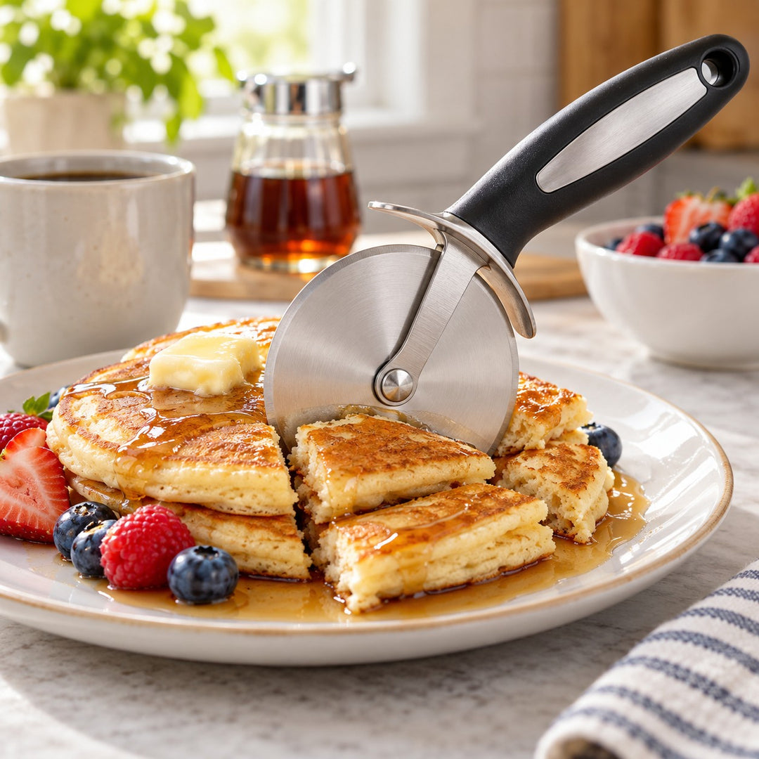 Stainless steel pizza cutter wheel slices pancakes on a breakfast plate in a bright kitchen.