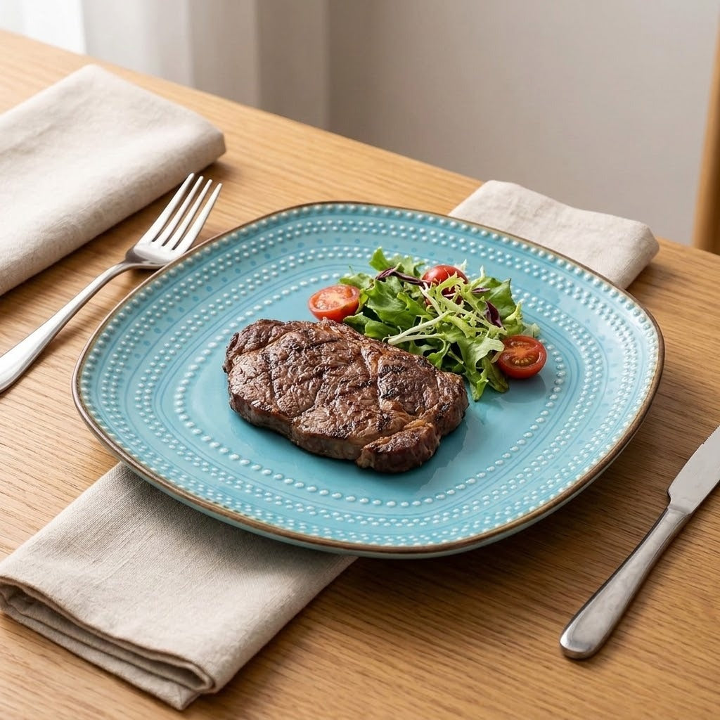 A round turquoise blue ceramic plate with a beaded rim and gold-toned edge, styled on a wooden table with a steak, salad, napkins, fork, and knife.