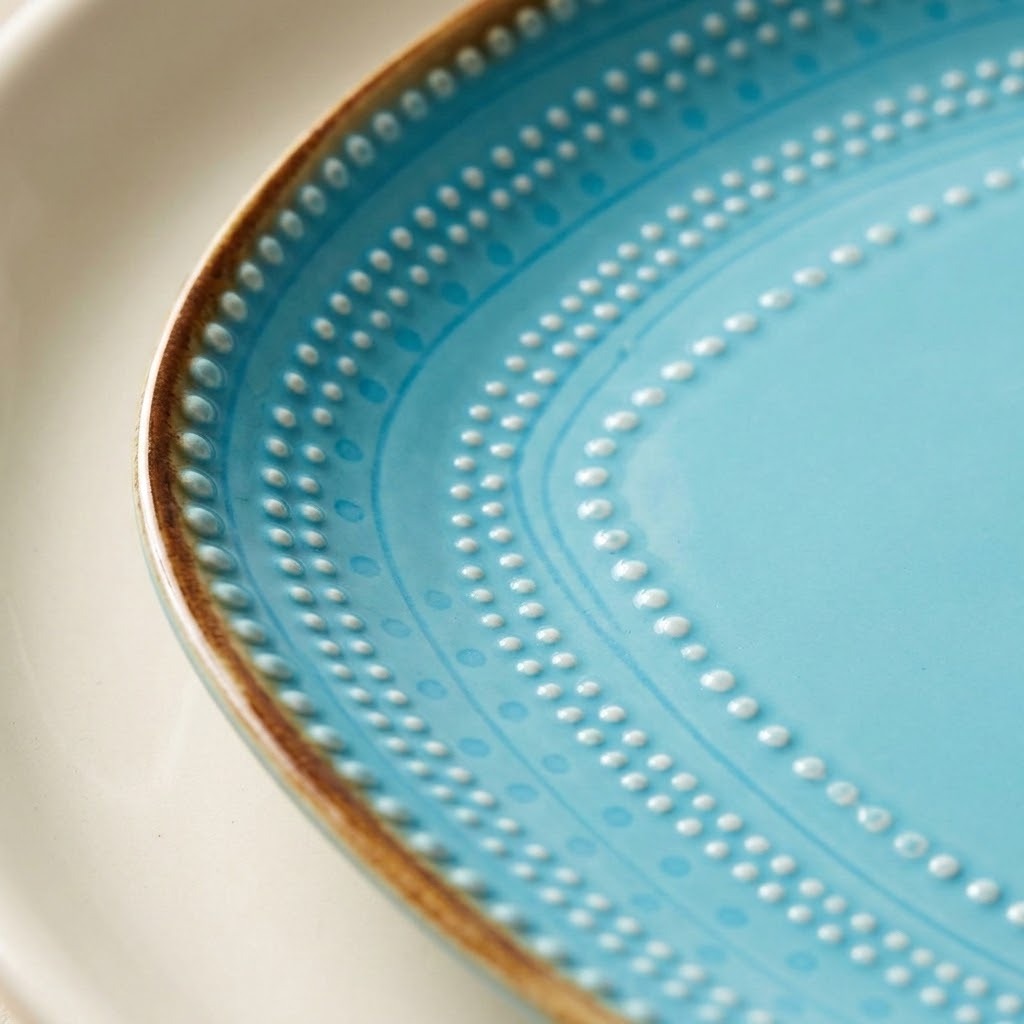Close-up of a light blue ceramic plate with concentric dotted patterns and a brown rim, layered over a white plate.