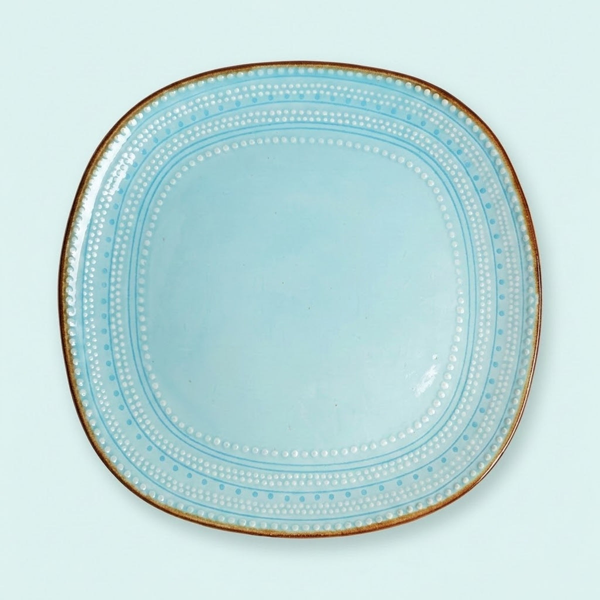 A light blue ceramic serving platter with a rounded square shape, decorated with concentric bands of white dots and a thin brown rim, shown against a solid pale mint green background.