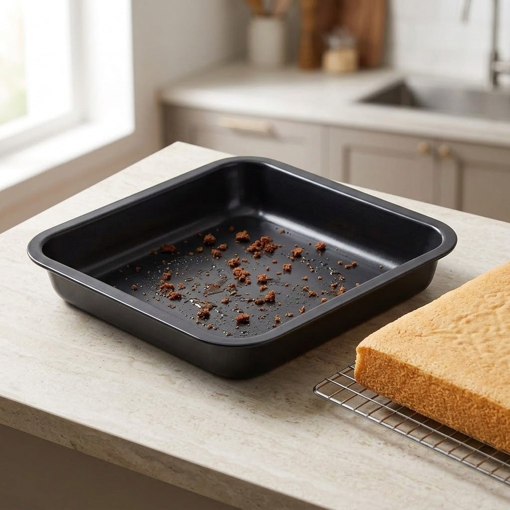 A square black non-stick baking pan sits on a light stone countertop in a kitchen setting, with crumbs inside and a slice of sponge cake on a wire rack nearby.