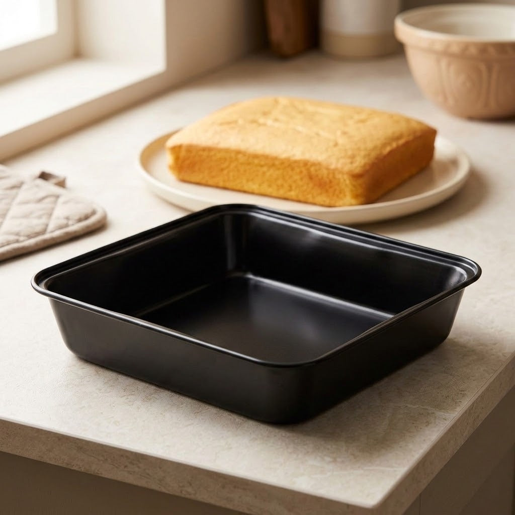 A square black non-stick baking pan sits on a light beige countertop in a kitchen setting, with a baked loaf of cake on a plate blurred in the background.
