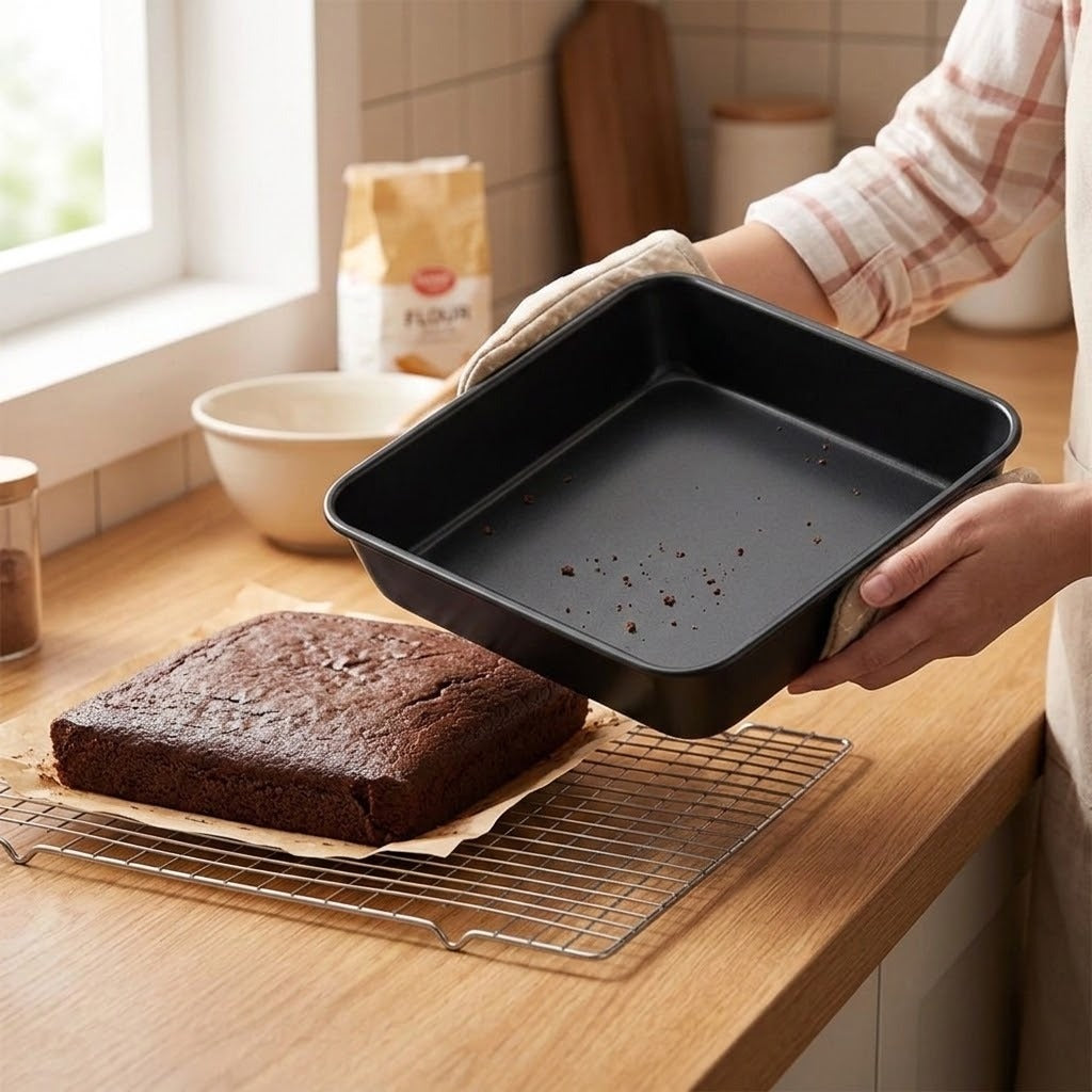 A person in a kitchen holds a black square baking pan over a cooling rack with a brownie on top. The scene includes a tiled wall, a window, bowls, and a bag of flour in the background.
