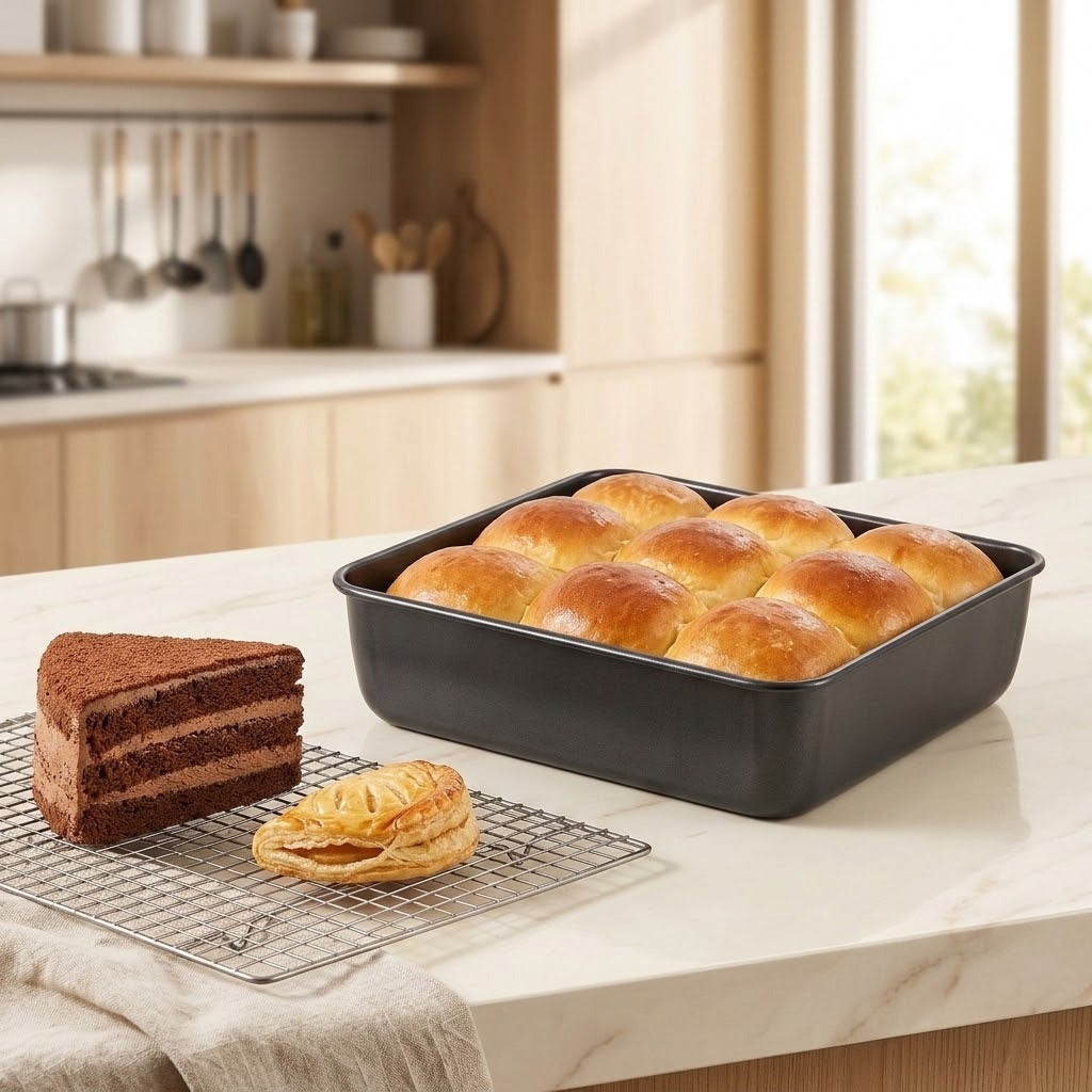 A rectangular black loaf pan filled with golden-brown baked rolls sits on a light marble kitchen countertop, with a slice of chocolate cake and a pastry on a cooling rack nearby.