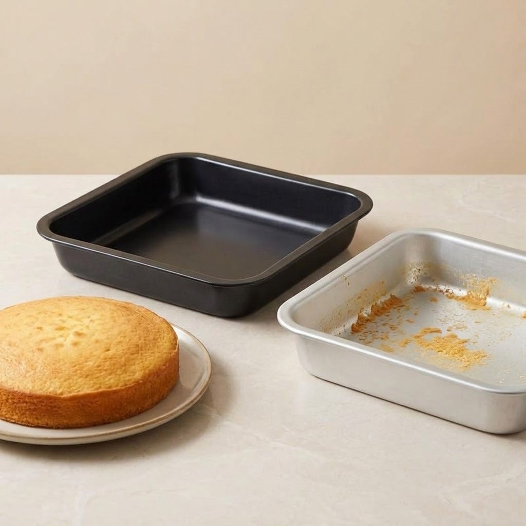 Two square baking pans on a light beige countertop: a black non-stick pan with a baked cake on a plate beside it, and a silver pan with crumbs inside.
