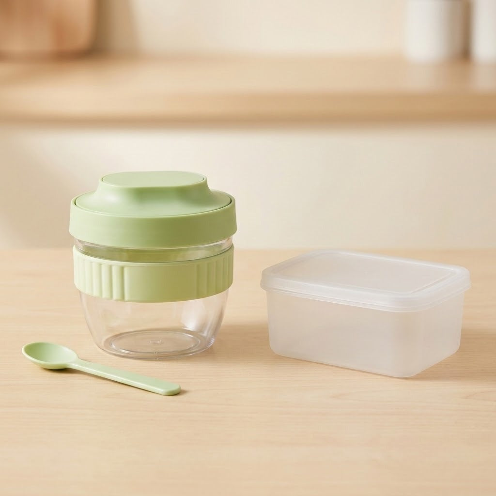 A clear plastic baby food storage container with a light green lid and ribbed band, shown open with a small light green spoon beside it on a wooden tabletop. A translucent white plastic container lid sits to the right, all against a softly blurred warm indoor background.