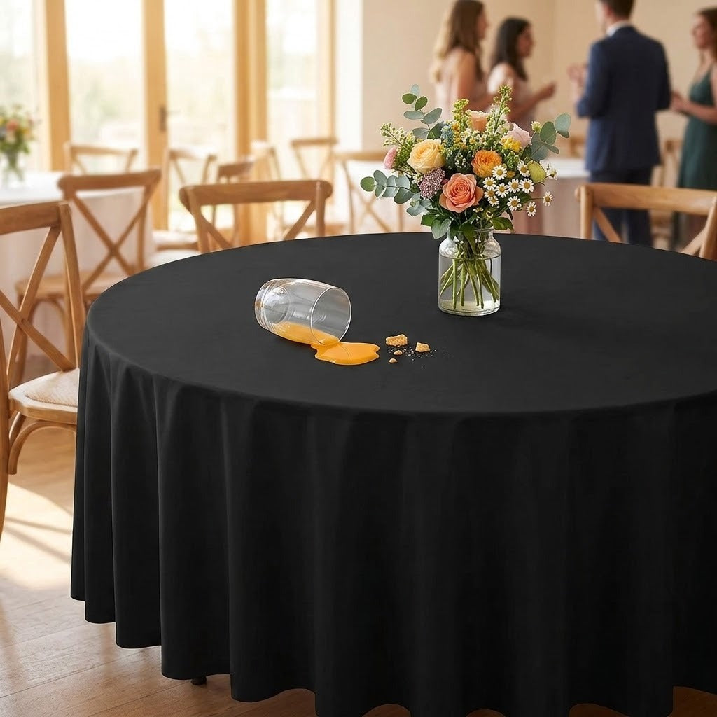 A round black tablecloth draped over a round table in a bright event hall, with a floral centerpiece and a tipped-over clear glass with orange liquid spilled on the table surface. Blurred people and chairs are visible in the background.