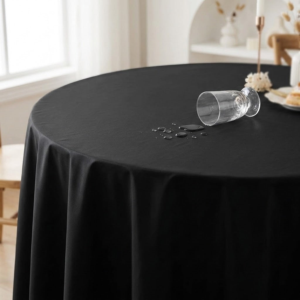 A round black tablecloth draped over a dining table in a bright, modern room. A clear drinking glass lies on its side on the table surface next to a few scattered water droplets, with a candle holder and plate in the softly blurred background.