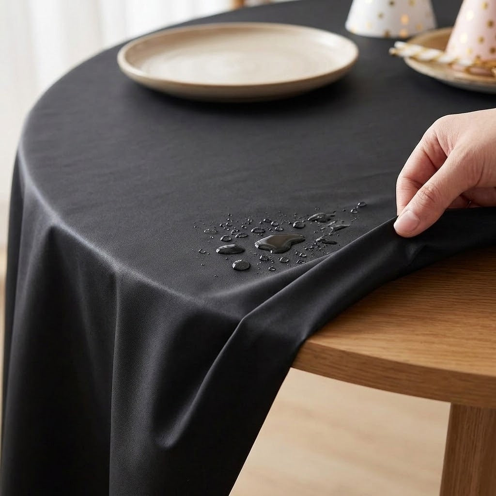 A black tablecloth draped over a round wooden table, with a hand lifting the corner to show water droplets sliding off a waterproof surface. A beige ceramic plate and party hats are visible in the background.