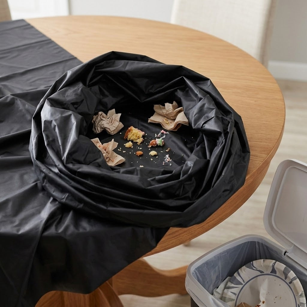 A black table-top trash bag draped over a round wooden table, with crumpled paper and food debris visible inside. An open gray trash can with a liner sits in the lower right corner.