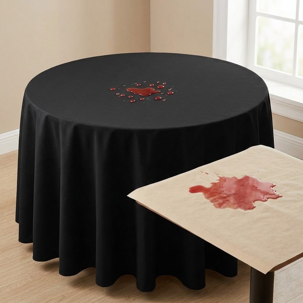 A black round tablecloth draped over a circular table in a room, with a small red splatter detail near the top center. A separate tabletop in the foreground shows a larger red stain on beige paper, suggesting a Halloween or horror-themed decor setup.