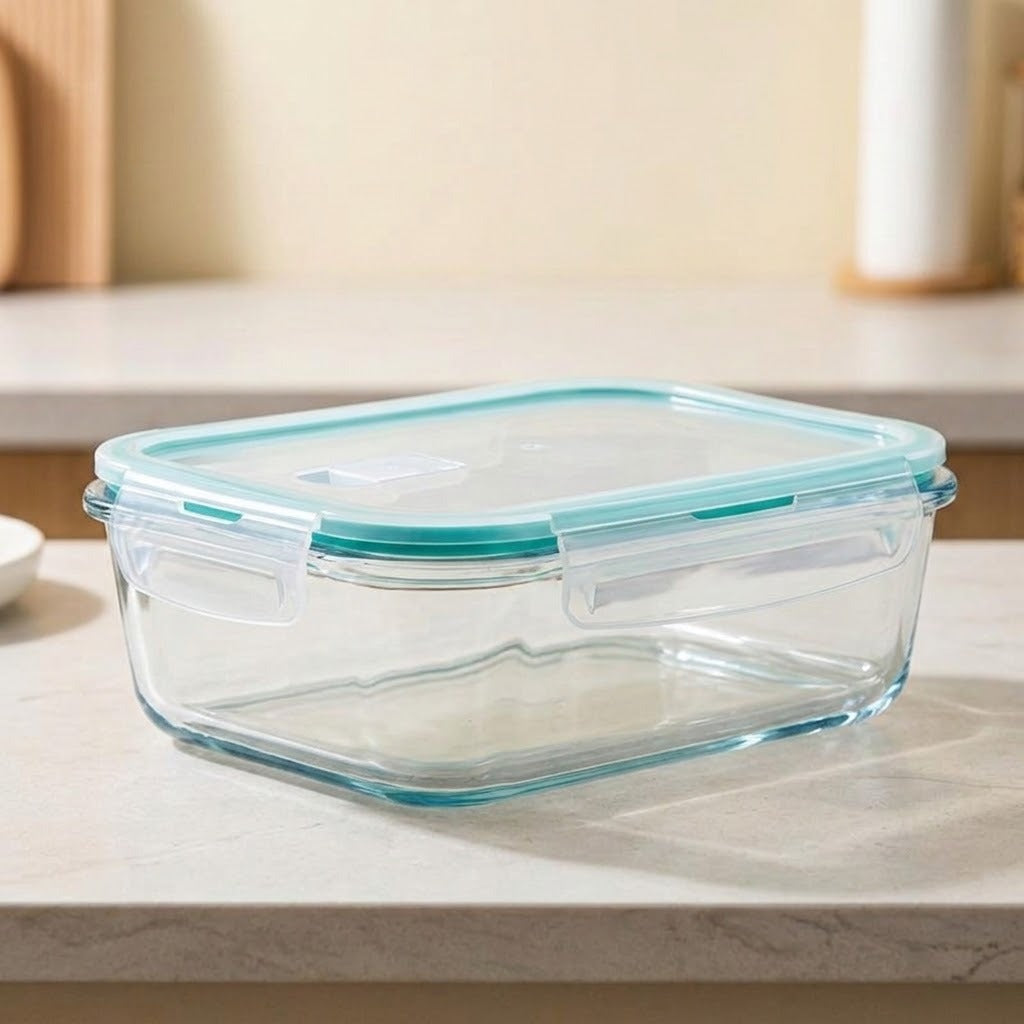 Clear glass rectangular storage container with a translucent aqua blue lid, shown on a light countertop in a softly blurred kitchen setting.