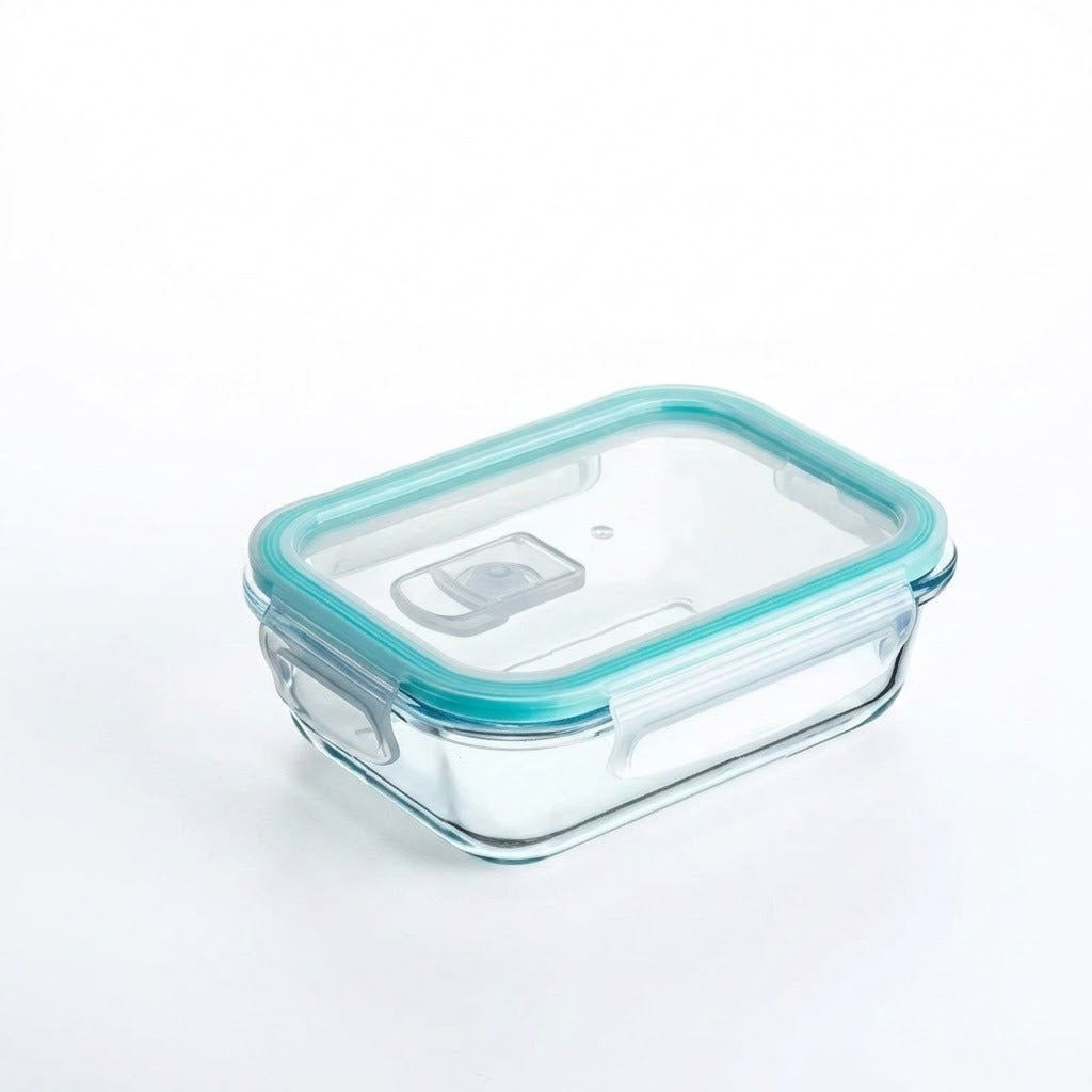 A rectangular clear glass storage container with a translucent aqua blue silicone seal and a matching clear lid, shown on a clean white background.