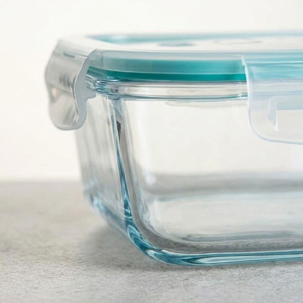 A close-up of a clear glass food storage container with a translucent aqua lid and a clear plastic latch, resting on a light gray surface.
