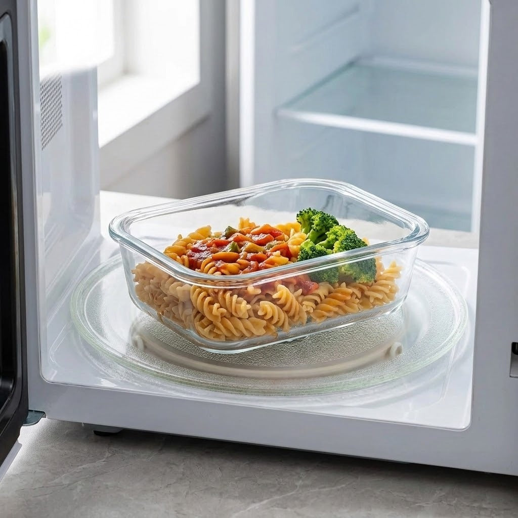 A clear glass rectangular storage container filled with rotini pasta and broccoli, placed on a glass turntable inside a white microwave.