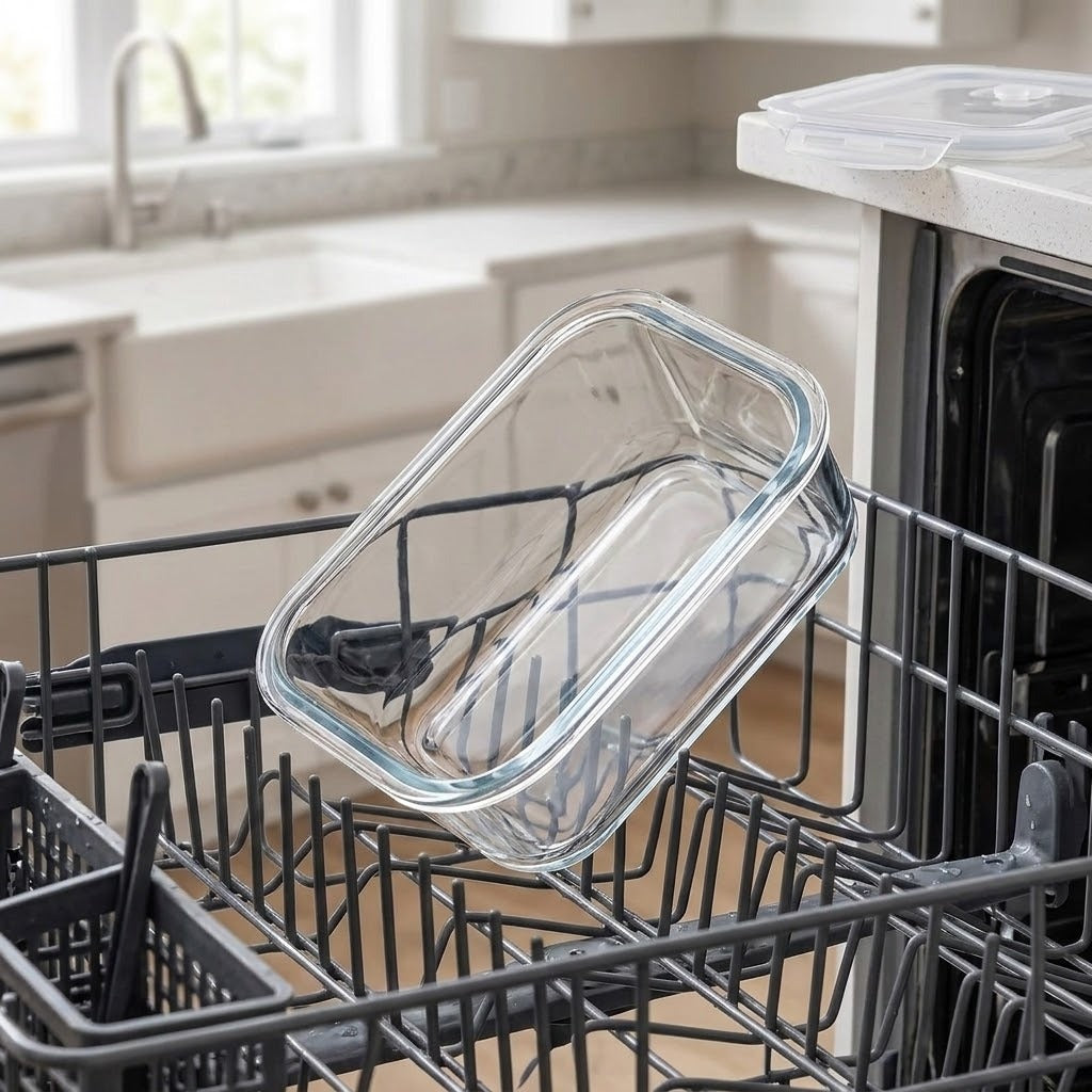 A clear glass rectangular dish with a lid leaning in an open dishwasher rack, with a kitchen sink and cabinets blurred in the background.
