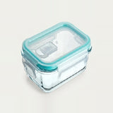 A rectangular glass food storage container with a clear lid and a light aqua silicone seal, shown on a plain light beige background.