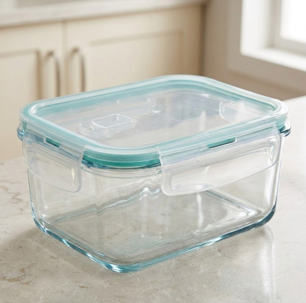 Clear glass storage container with a translucent aqua lid and handle, shown on a kitchen countertop with cabinets and a window in the background.
