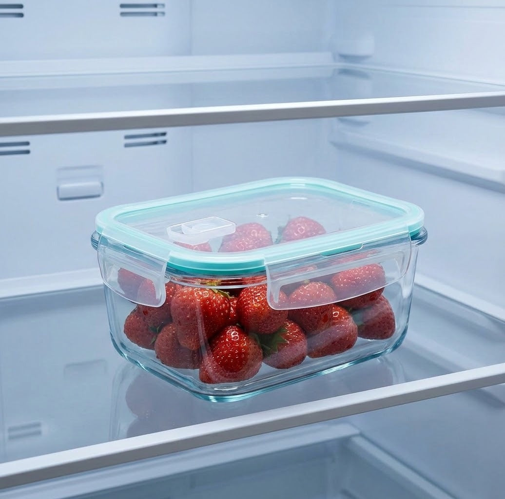 A clear glass food storage container with a light blue lid, filled with red strawberries, shown inside a refrigerator shelf.