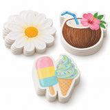 The Hawaiian shaped paper napkin set displays daisy, coconut drink, and ice cream designs in three stacks.