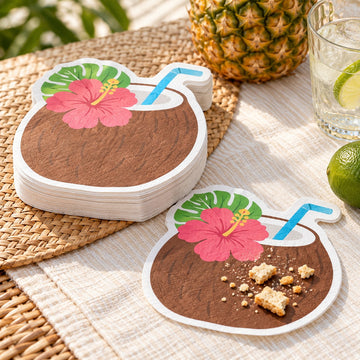 Coconut Drink Hawaiian shaped paper napkins sit beside picnic snacks on a summer table.