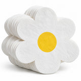 A fanned stack of White Daisy Hawaiian shaped paper napkins shows its flower shape and paper layers.