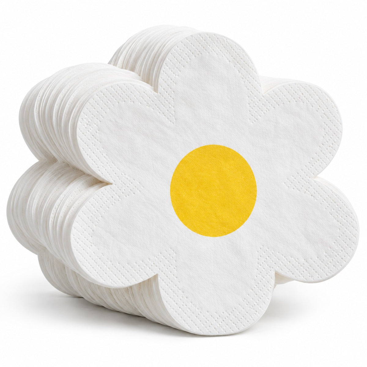 A fanned stack of White Daisy Hawaiian shaped paper napkins shows its flower shape and paper layers.