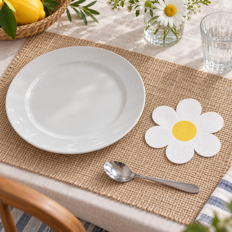A White Daisy Hawaiian shaped paper napkin sits beside a dinner plate and spoon for scale.