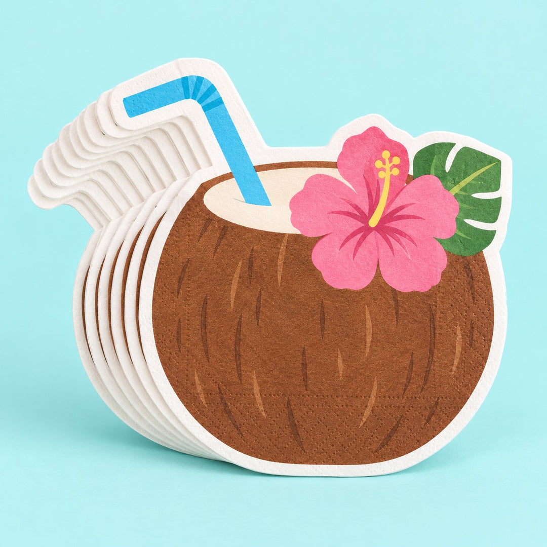 Coconut Drink Hawaiian shaped paper napkins show the coconut, blue straw, and hibiscus print.