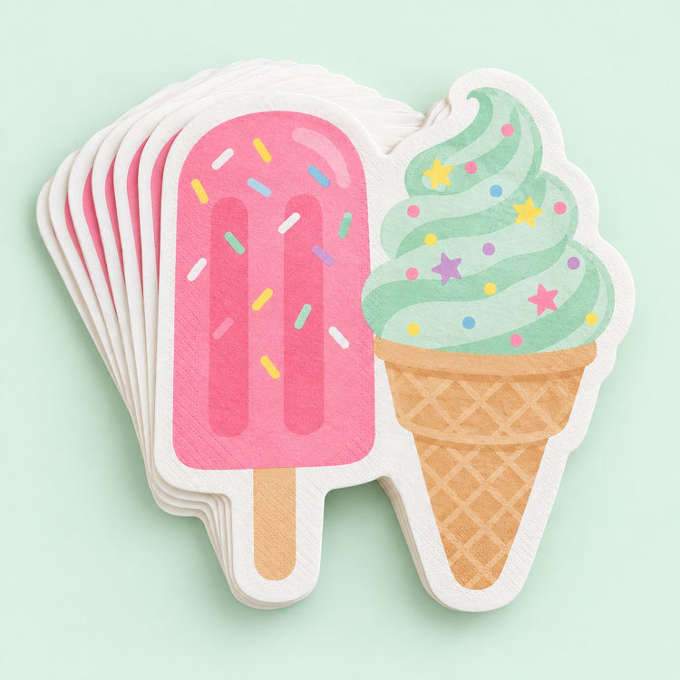 Ice Cream Hawaiian shaped paper napkins show a pink popsicle and mint soft serve design.