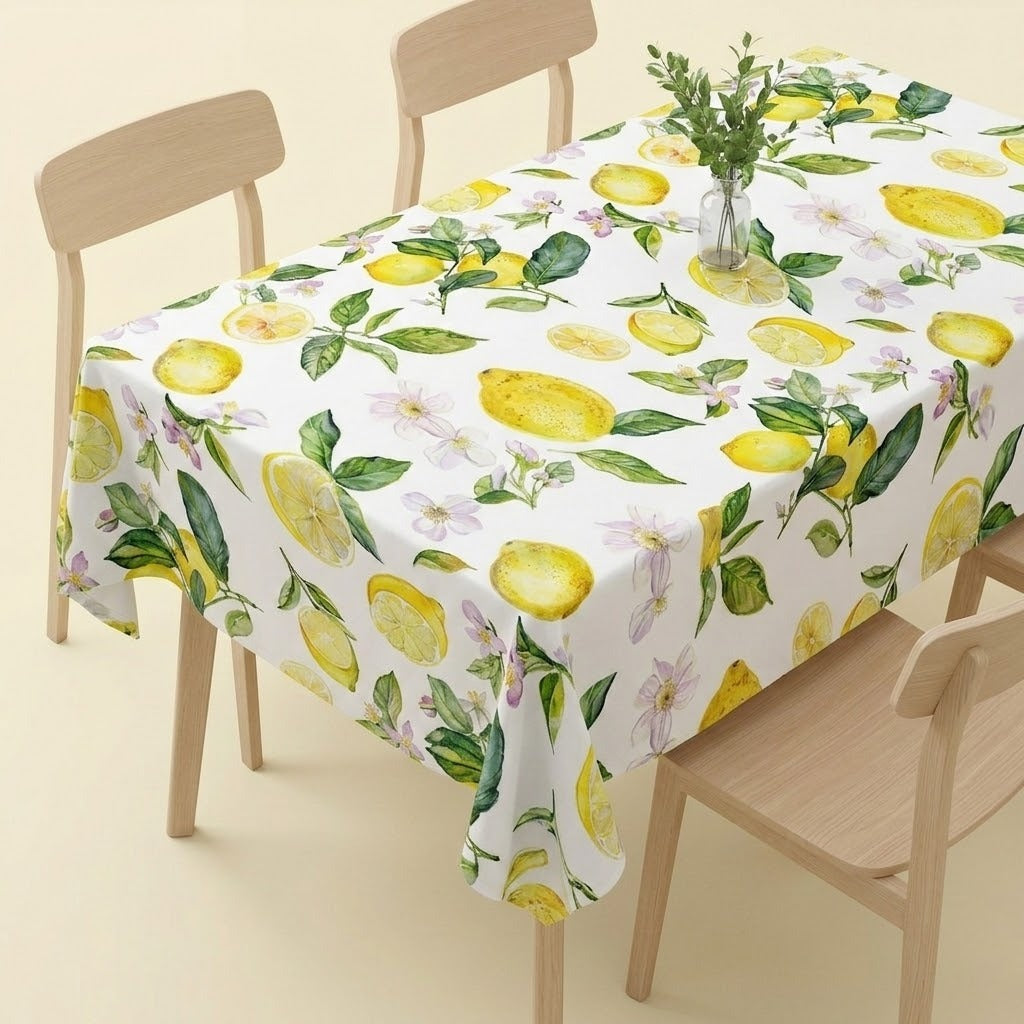 A rectangular table covered with a white tablecloth printed with yellow lemons, green leaves, and small pale pink flowers, shown with light wood chairs in a clean studio setting.