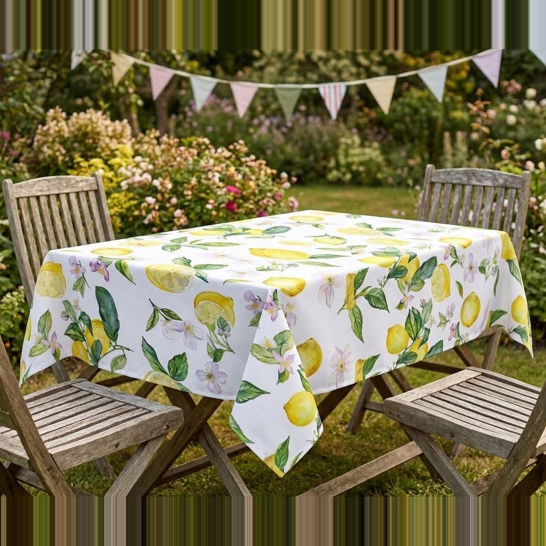A rectangular outdoor dining table covered with a white tablecloth printed with yellow lemons and green leaves, surrounded by wooden chairs in a garden setting with bunting in the background.